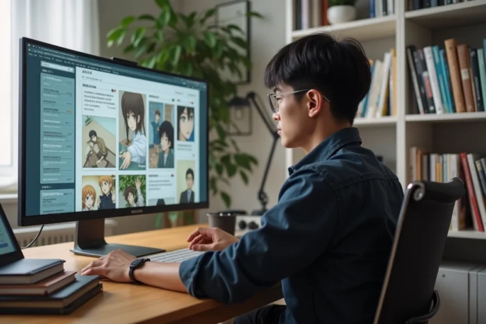 Homme lisant des scans de manga en ligne sur un écran d'ordinateur dans un bureau à domicile