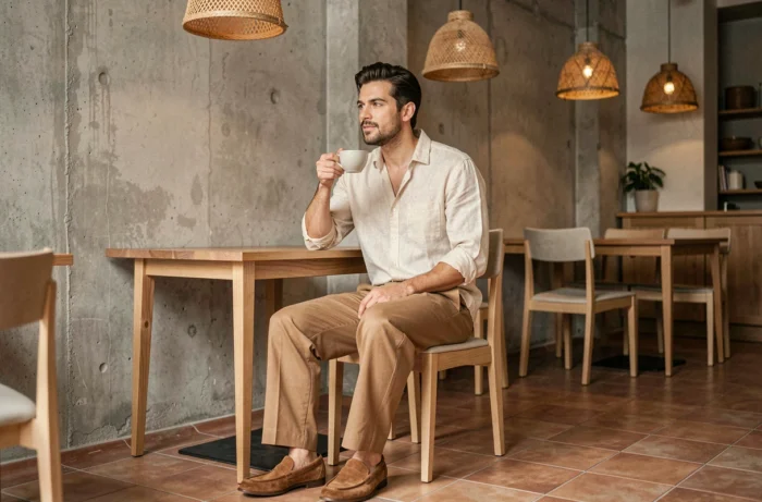 Homme branché en chemise lin écru et pantalon camel assis dans un café minimaliste, style lifestyle mode masculine décontractée