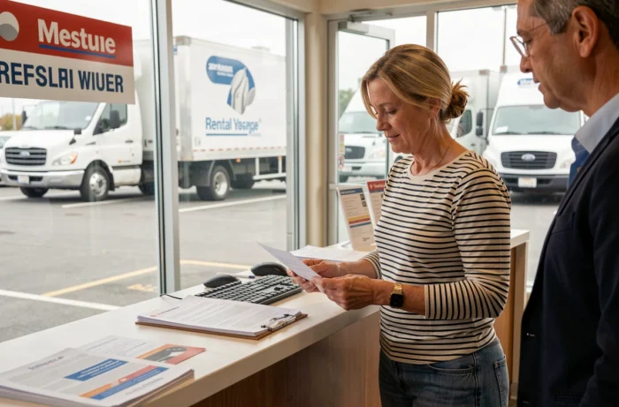 Femme consultant un devis de location de camion 20m3 au comptoir d'une agence de location