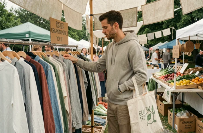 Homme parcourant un stand de vêtements durables dans un marché écologique en plein air
