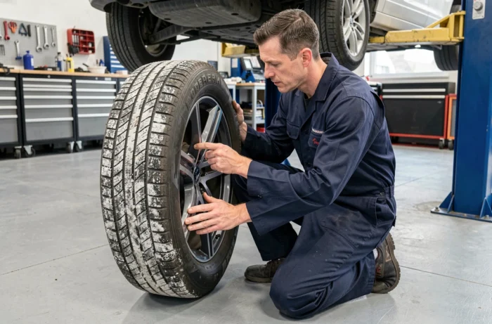 Mécanicien inspectant un pneu M+S avant montage dans un garage automobile professionnel