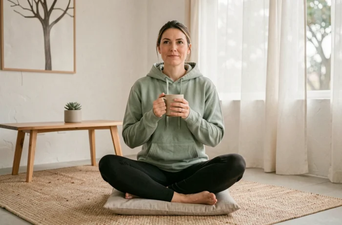 Femme en méditation à domicile avec une tisane dans un intérieur minimaliste pour améliorer son bien-être physique et mental