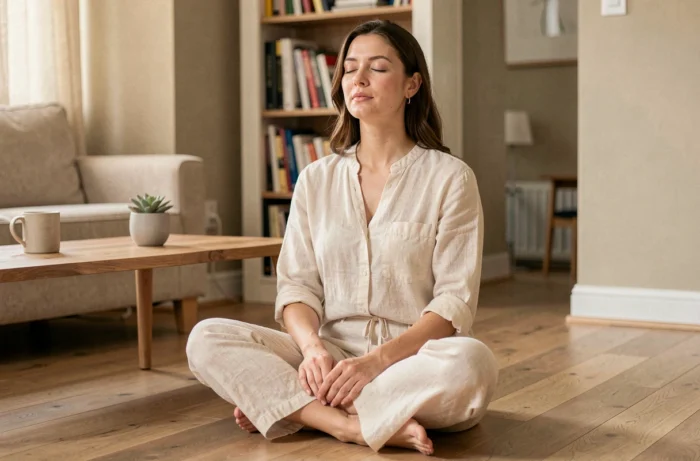 Femme pratiquant la méditation assise sur un plancher en bois dans un salon chaleureux et apaisant