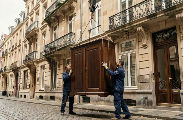 Monte-meubles professionnel en action devant un immeuble bruxellois Art Nouveau lors d'un déménagement