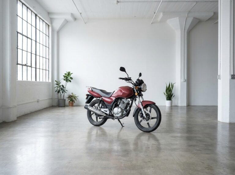 Moto 125 cm3 dans un garage lumineux