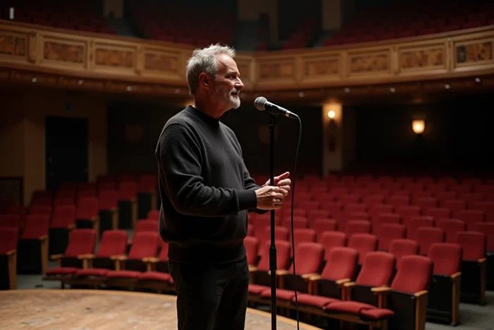 Musicien sur scène lors d'une répétition dans un théâtre historique vide, illustrant l'adaptation de la carrière artistique avec l'expérience et l'âge