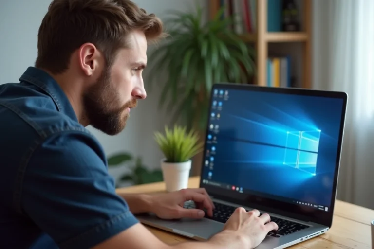Homme utilisant un outil de diagnostic Windows sur un ordinateur portable dans un bureau à domicile moderne
