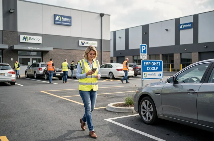 Une femme en zone d'activité industrielle rejoint un véhicule dans un espace dédié au covoiturage local PassPass Covoiturage