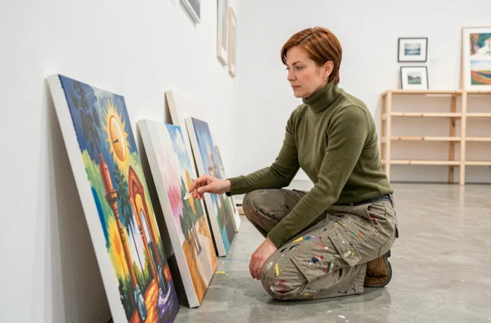 Peintre femme arrangeant ses œuvres terminées contre un mur blanc dans un espace d'exposition minimaliste