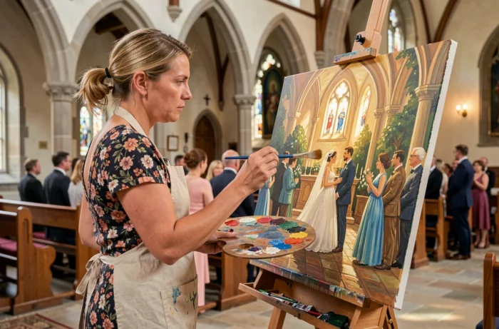 Peintre en direct capturant la cérémonie de mariage sur toile pendant que les invités assistent à la cérémonie