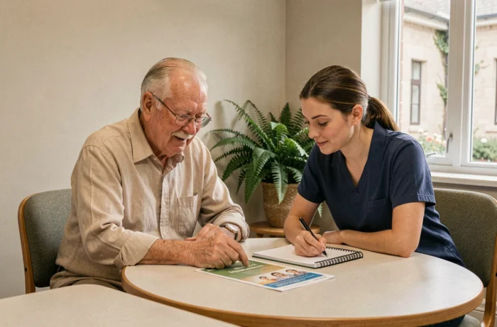 Personne âgée recevant des conseils personnalisés d'une accompagnatrice dans un espace communautaire