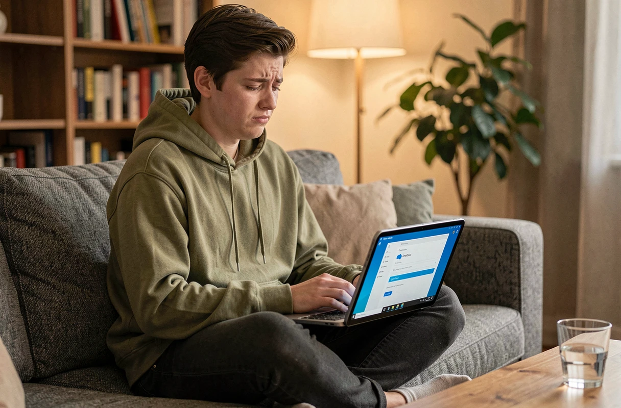 Jeune personne en salon consultant les paramètres OneDrive sur une tablette pour résoudre un problème de synchronisation