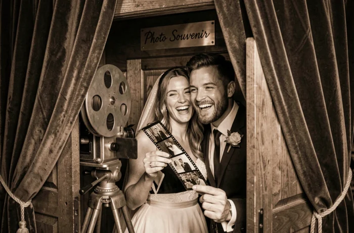 Couple de mariés riant devant un photobooth à tirage argentique lors de leur réception de mariage
