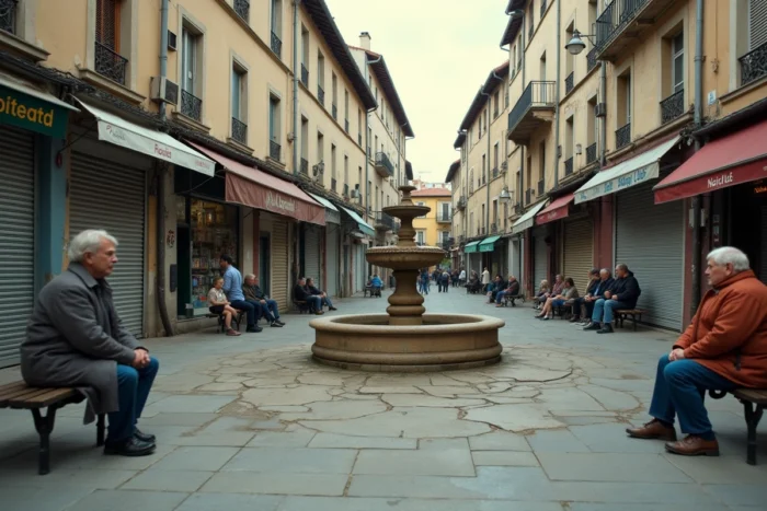Place publique animée dans un quartier populaire de Montpellier avec commerces fermés et habitants