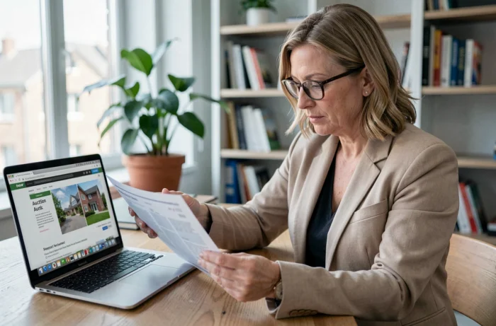 Femme examinant un catalogue de vente aux enchères immobilières dans un bureau avant d'enchérir