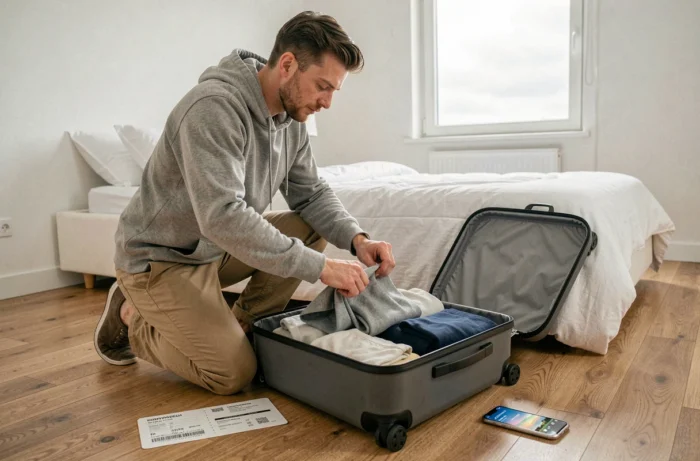 Homme préparant son bagage à main en respectant les dimensions autorisées par Transavia