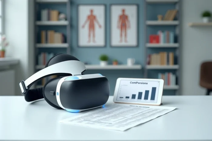 Casque de réalité virtuelle thérapeutique posé sur un bureau médical avec comparatif de prix et tablette numérique