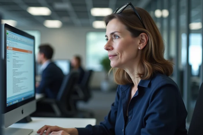 Femme en milieu professionnel consultant un message d'erreur de connexion AOL sur un ordinateur de bureau