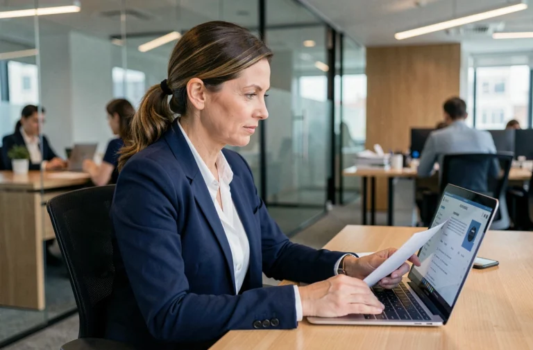 Professionnelle en entreprise consultant un coffre numérique sécurisé Arkevia sur son ordinateur portable dans un bureau moderne