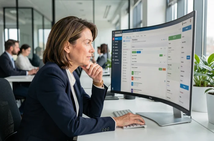 Professionnelle analysant un tableau de bord CRM sur un écran incurvé dans un open space moderne pour optimiser la gestion de la relation client