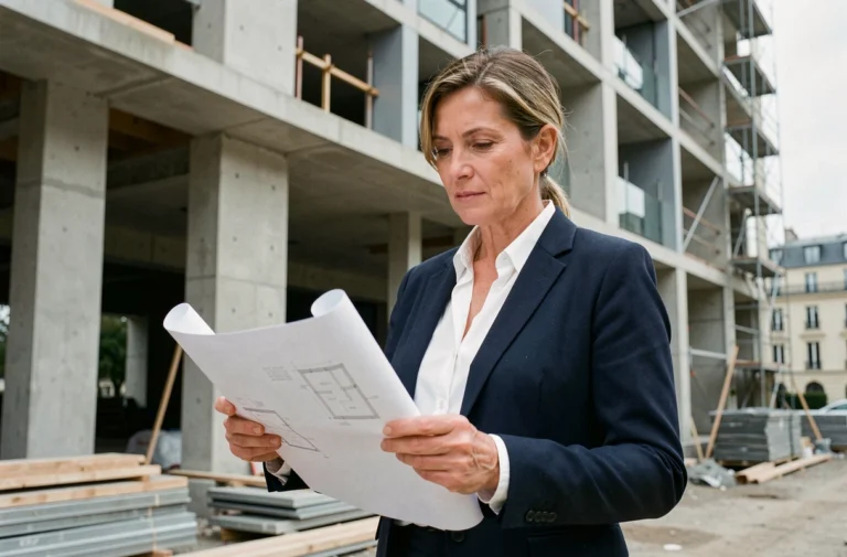 Femme professionnelle de l'immobilier examinant des plans architecturaux devant un chantier de construction moderne en 2024