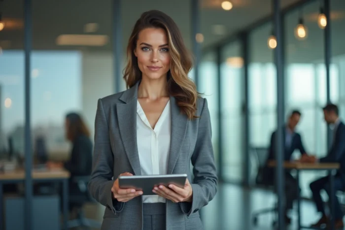 Professionnelle de la finance tenant une tablette avec des données de performance crypto dans un bureau fintech contemporain pour maximiser les gains