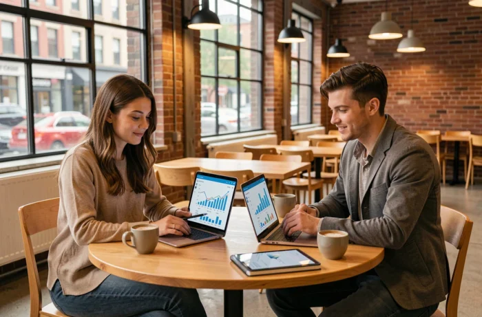 Deux jeunes professionnels analysant des données technologiques sur laptops dans un espace de coworking moderne