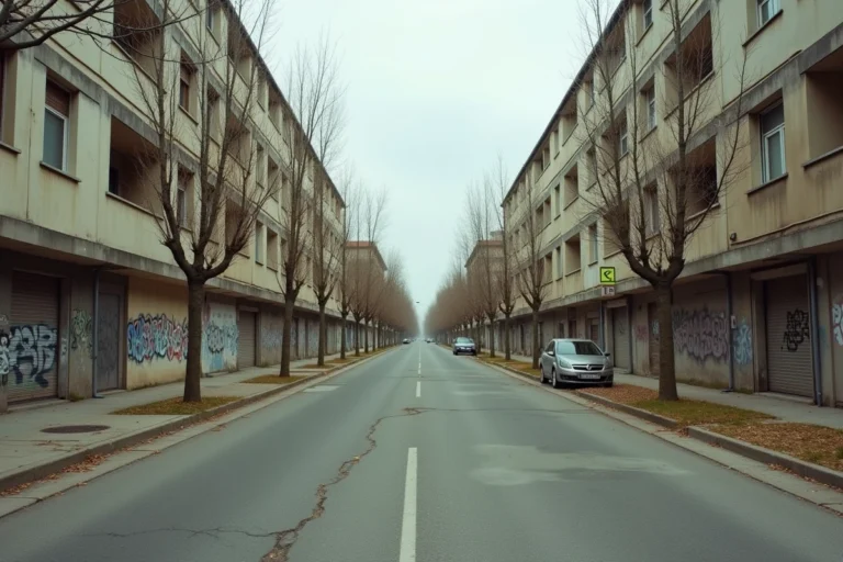 Rue d'un quartier sensible de Montpellier avec immeubles dégradés et tags sur les façades