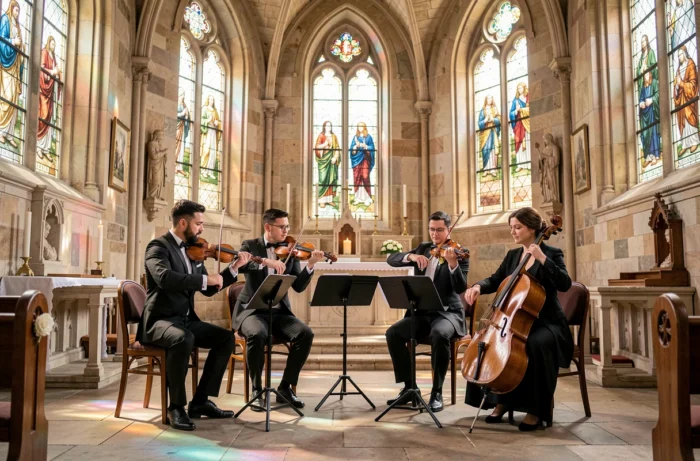Quatuor à cordes en tenue de concert jouant lors d'une cérémonie de mariage dans une chapelle en pierre