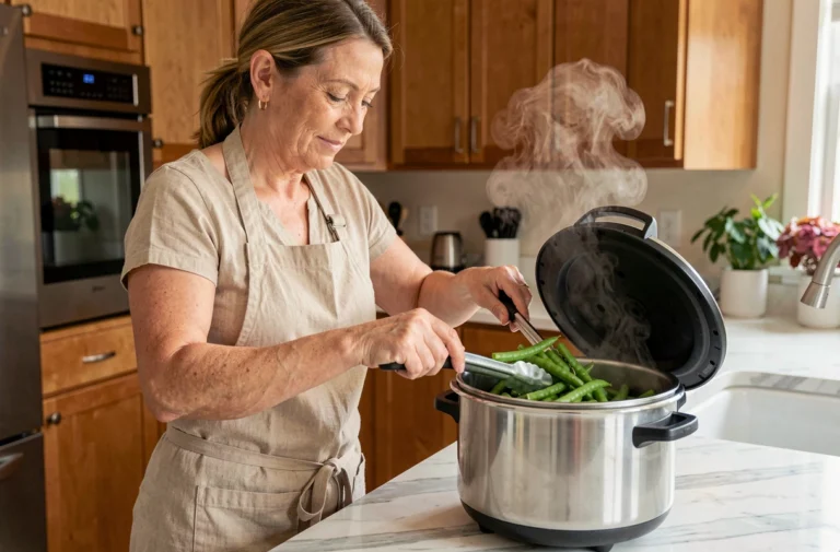 Femme versant des haricots verts cuits dans une cocotte minute sur un plan de travail en marbre
