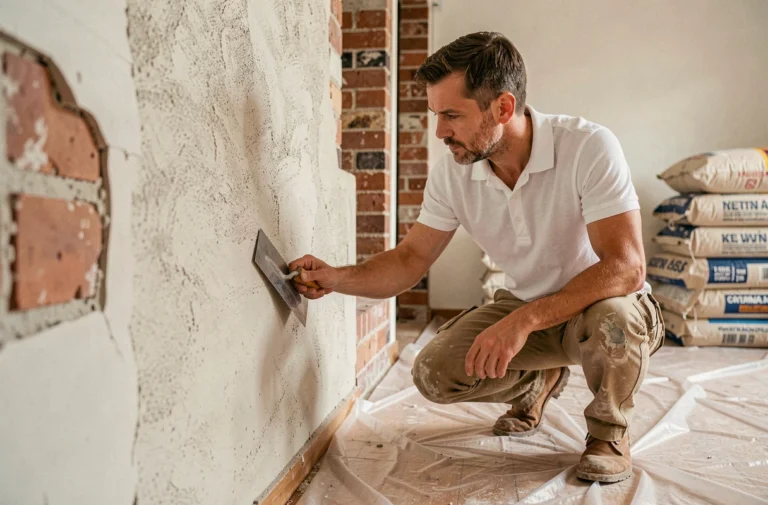 Homme en train de lisser un mur en plâtre lors d'une rénovation intérieure de maison