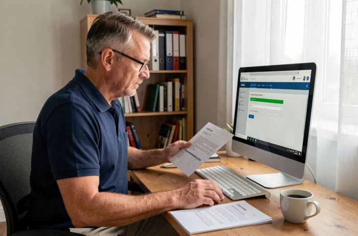 Homme d'âge moyen résolvant un problème de connexion à Netsoin Domusvi depuis son bureau à domicile