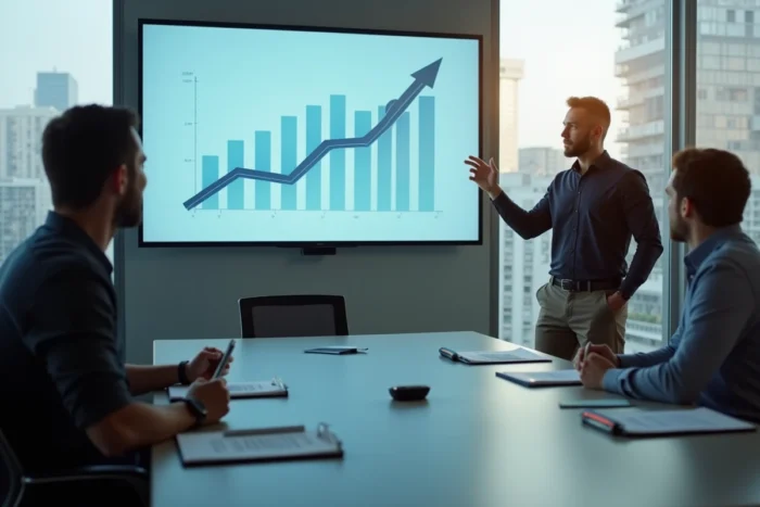Réunion professionnelle en salle de conférence avec présentation de stratégie de croissance digitale pour une entreprise innovante