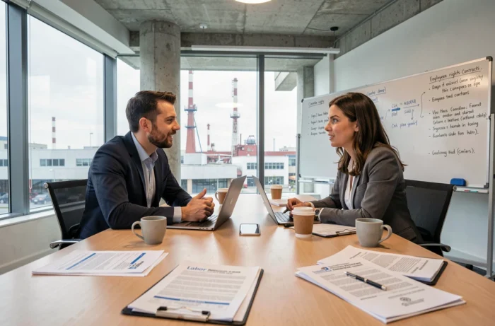 Réunion professionnelle sur les droits du travail dans le secteur automobile avec deux experts consultant des documents réglementaires