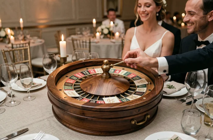 Roue des gages élégants en bois avec cartes calligraphiées posée sur table de dîner de mariage