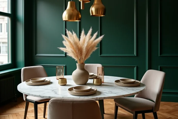 Table de salle à manger ronde en marbre décorée d'herbe de la pampa et de vaisselle artisanale, tendances design intérieur 2024