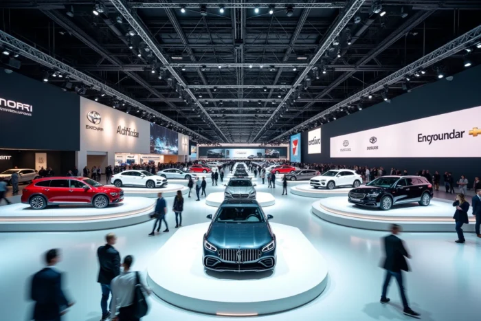 Vue panoramique d'un salon international de l'automobile avec voitures concept et visiteurs