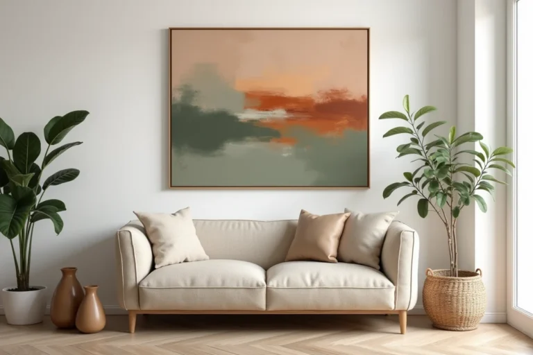 Salon moderne décoré avec une peinture abstraite en tons terracotta et une canapé bouclé beige, tendances déco 2024