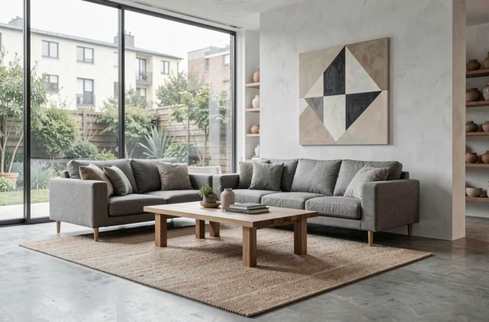 Salon moderne minimaliste avec canapé gris, table basse en chêne et décoration scandinave épurée