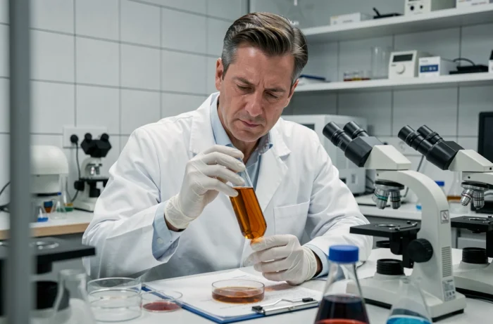 Scientifique en laboratoire analysant un échantillon de venin de frelon géant dans un flacon en verre