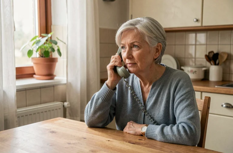Senior femme au téléphone recevant des conseils d'accompagnement à domicile