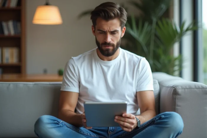 Jeune homme consultant des solutions pour corriger une erreur de connexion AOL sur une tablette dans un salon moderne