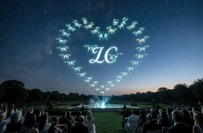 Spectacle de drones lumineux formant un cœur dans le ciel nocturne lors d'une réception de mariage extérieure