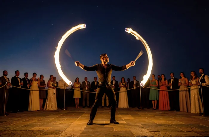 Spectacle de feu avec danseur de feu faisant tournoyer des poi en clôture de soirée de mariage en plein air