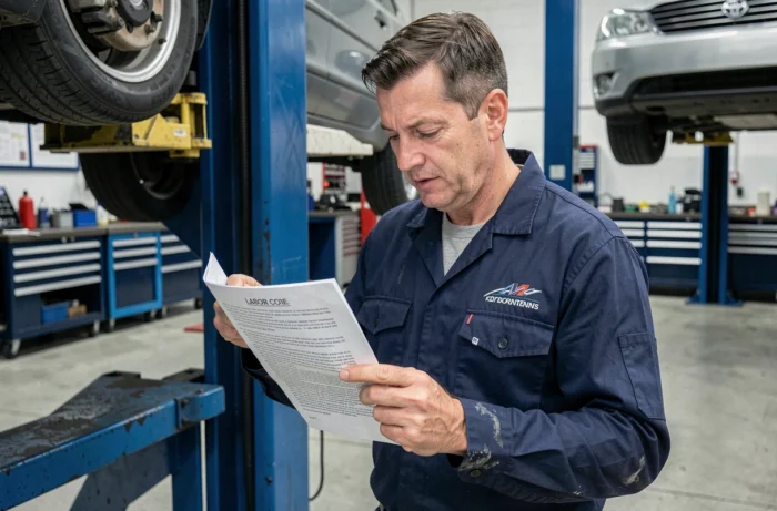 Technicien automobile consultant le code du travail dans un atelier de réparation automobile professionnel