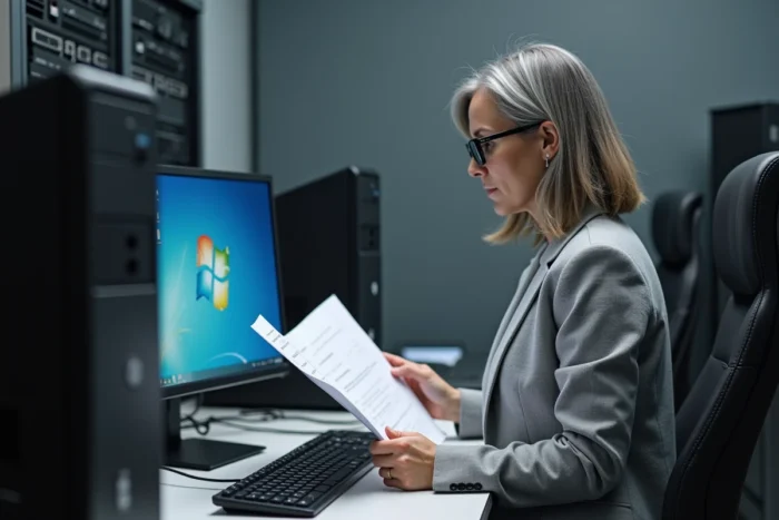 Technicienne informatique analysant un rapport de diagnostic de mise à jour Windows dans une salle de support IT