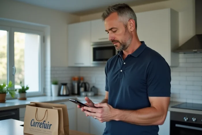 Homme consultant sa commande Carrefour en ligne sur smartphone pour télécharger sa facture PDF