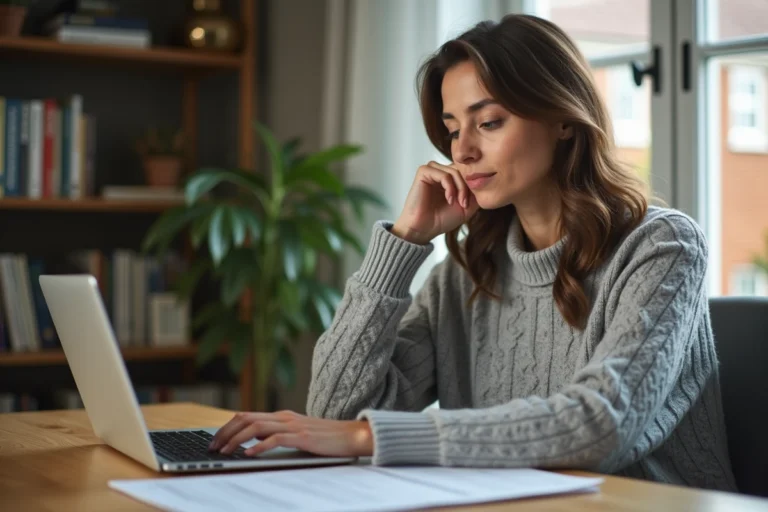 Femme en télétravail consultant un document d'assurance professionnelle à son bureau à domicile