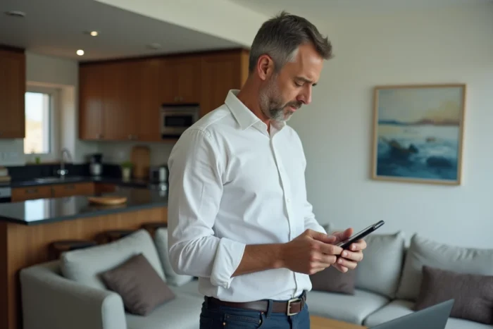 Homme en télétravail vérifiant son contrat d'assurance professionnelle sur smartphone dans son salon aménagé en bureau