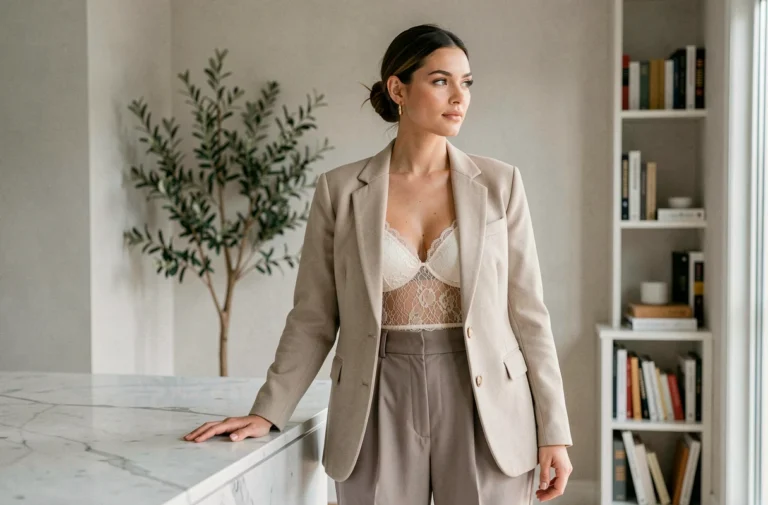 Femme élégante portant un bralette en dentelle ivoire sous un blazer structuré, accessoirisée de boucles d'oreilles dorées dans un appartement parisien minimaliste